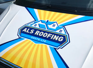 vehicle graphics on volkwagen truck for ALS Roofing LTD